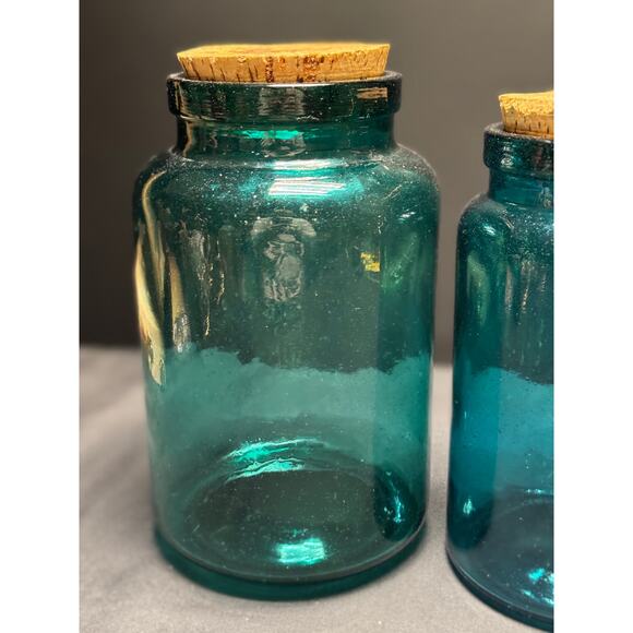 Set of 3 Vintage Teal Glass Jars with Original Cork Stoppers–6.5", 7.5", 8" Tall - Picture 2 of 12